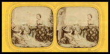 Woman lying in an armchair, vintage print, ca.1860, stereo day/night (French