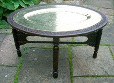  ANTIQUE  OVAL ANGLO INDIAN FULLY CARVED FOLDING SIDE TABLE WITH INSET  TRAY  