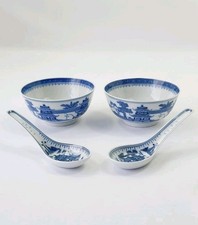 2 Bols 2 Cuillères Porcelaine Chinoise JINGDEZHEN Décor Bleu Paysage Asiatique