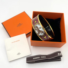 Auth Hermes GM Glazed Enamel Bangle Carriage Pattern Red 45g W/Box BA100156
