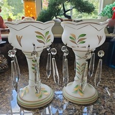 Antique Vtg Milk Glass Mantle Luster Candle Holders 10" Crystal Hanging Prisms