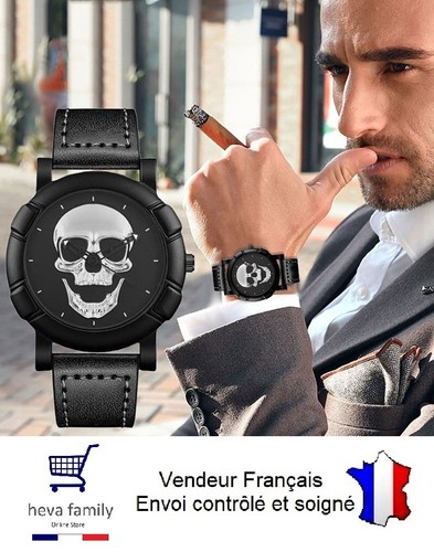Montre homme cuir noir tête - montre,