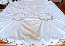 Tablecloth - round off white linen and light ecru embroidery - diameter 155 cm