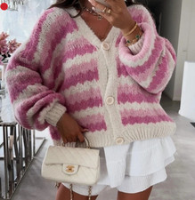 Gilet maille rose & crème laine Taille Unique (convient du 36 au 42) Neuf