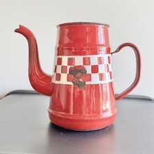 Antique Enameled Coffee Maker / Jug. Red to Damien White. 70s