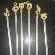 Set of 6 Vintage Turkish Greek Inox Brass & Stainless Steel Shish Kebab Skewers-