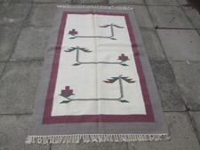 Vintage Traditionnel Main Fabriqué Oriental Indien Crème Gris Laine 185x120cm