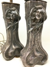 Pair of lamps Art Nouveau circa 1900 women's rule signed flora antique lamp
