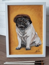 Peinture originale carlin animal chien peinture à l'huile encadrée 12 par 9...