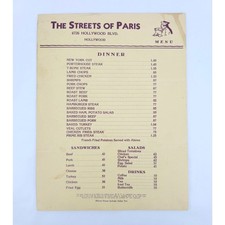 Vintage 1940s The Streets of Paris Hollywood Nightclub Menu California