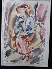 JULES PASCIN TRES GRAND DESSIN AQUARELLE FEMME ASSISE DIM 44CMX32 CACHET ATELIER