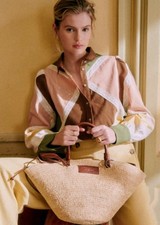 Sezane Claudio Blouse 12 40 Patchwork Ecru Green Brown Cotton Linen Lace Trim