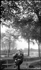 Landscape Bench Sitting Couple Portrait - Antique Photo Negative Year 1920