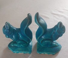 Paire d'écureuils ceramique craquelée Louis Fontinelle bleu turquoise art déco
