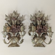 Pair of Vintage Florentine Wall Sconces Wood Carved Light Rococo Italy