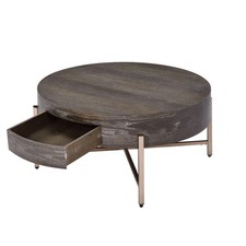 Table Basse Ronde En Champagne Et Chêne Foncé Avec Tiroir 32"