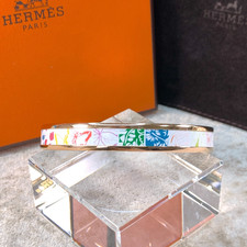 Hermes Enamel Bangle Bracelet White Blue Green Pink Jungle Love Gold Rim Size 65