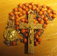 Antique CORAL BEADS MEDAL CROSS GOLD PLATED FORCED MESH SILVER ROSARY