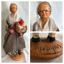 Vintage S. Jouglas France Clay Santon Figure Statue Old French Woman Yarn 12"