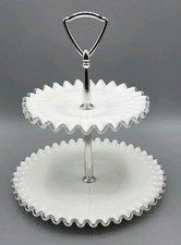 VINTAGE Fenton Silver Crest Milk Glass 2 Tier Ruffled 9.5" Tidbit Dessert Tray