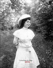 Young woman in hat, glass plate, old photo, negative 9x12 cm