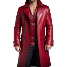 Véritable Cuir D'Agneau Manteau Veste pour Homme Rouge Long Décontracté Chic