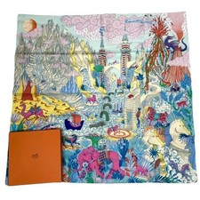 HERMES Carre 90 Cosmographia Universalis Blue Pink Silk Scarf w/Box Used