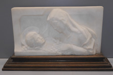 -BELLE PLAQUE MARBRE de CARRARE VIERGE A L'ENFANT signée L.FECCI support BOIS  D