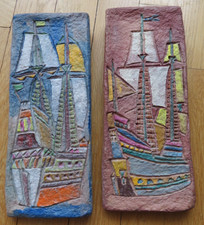 Les Argonautes unique piece Vallauris 2 wall plates boat red blue wood