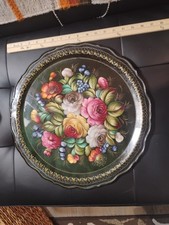 Vtge hand painted Green Tole Tray Signed Possible Russian Floral Small 16" Round