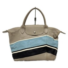 Auth LONGCHAMP Le Pliage Cuir - Beige Light Blue Multi Leather Handbag