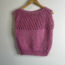 Vtg Handmade Rose Pink Chain Knit Bateau Sweater Vest Blouse Boho Fairy 70s S/M