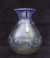 old LEGRAS blue enameled acid clear vase signed