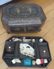 China Canton Lacquered Gold Wood Sewing Box and Bone Need Napoleon 3 19th Century