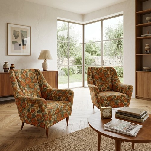 Fauteuils vintage tissu bois - tissu,