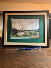 Petite aquarelle encadrée d'un village en Bourgogne de E. Poirson