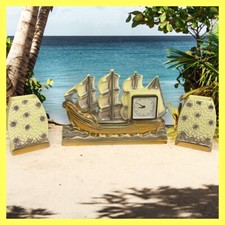 ANCIEN BATEAU RÉVEIL MÉCANIQUE DÉCOR DE CHEMINÉE VASE CANDELABRE CERAMIQUE FAIEN