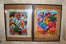 2 fabric paintings, African art, under frame 30 x 40 cm signed