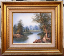 tableau signé David: étang en forêt