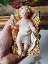 ANCIEN PETIT JÉSUS EN CIRE SUR SON LIT DE PAILLE SANTON CRÈCHE NOËL 12,5 CM