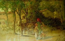 BERGER AVEC SES ENFANTS. HUILE SUR TABLE. ÉCOLE CATALANE. ESPAGNE. XIXÈME SIÈCLE