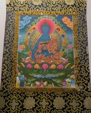 Tibet. Thangka Peinture Bleu Médecine Bouddha Bhaisajyaguru Nepal Brocart