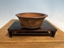 Etched Shohin Size Tokoname Bonsai Tree Pot By Bigei 3 7/8 By 1 1/2”