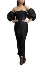 L’Idee Dress Sirene Pleated Puff Sleeve Midi Dress Noir Size 10 AU/UK 6 US