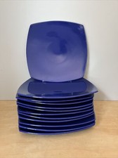 12 Grandes Assiettes Bleues Carrées Faïence KG Lunéville Usine de Salins 33,5 cm