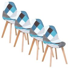 4x Chaise Design Nordique Patchwork Bois et Tissu Cuisine Bar Restaurant Bleu