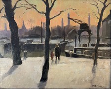 Paysage d'aube avec péniches