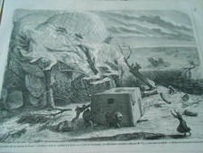 Engraving 1863 - Catastrophe du Ballon Le Géant les aeronauts seek to clear