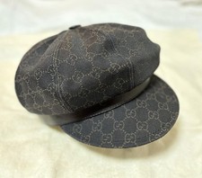 Gucci Denim-Style GG Pattern Black Leather Band Casquette Hat Authentic Stylish