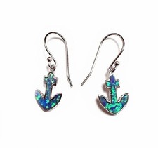 925 Solid Sterling Silver Dangling Anchor Blue Opal Earrings - Dangle Ocean...